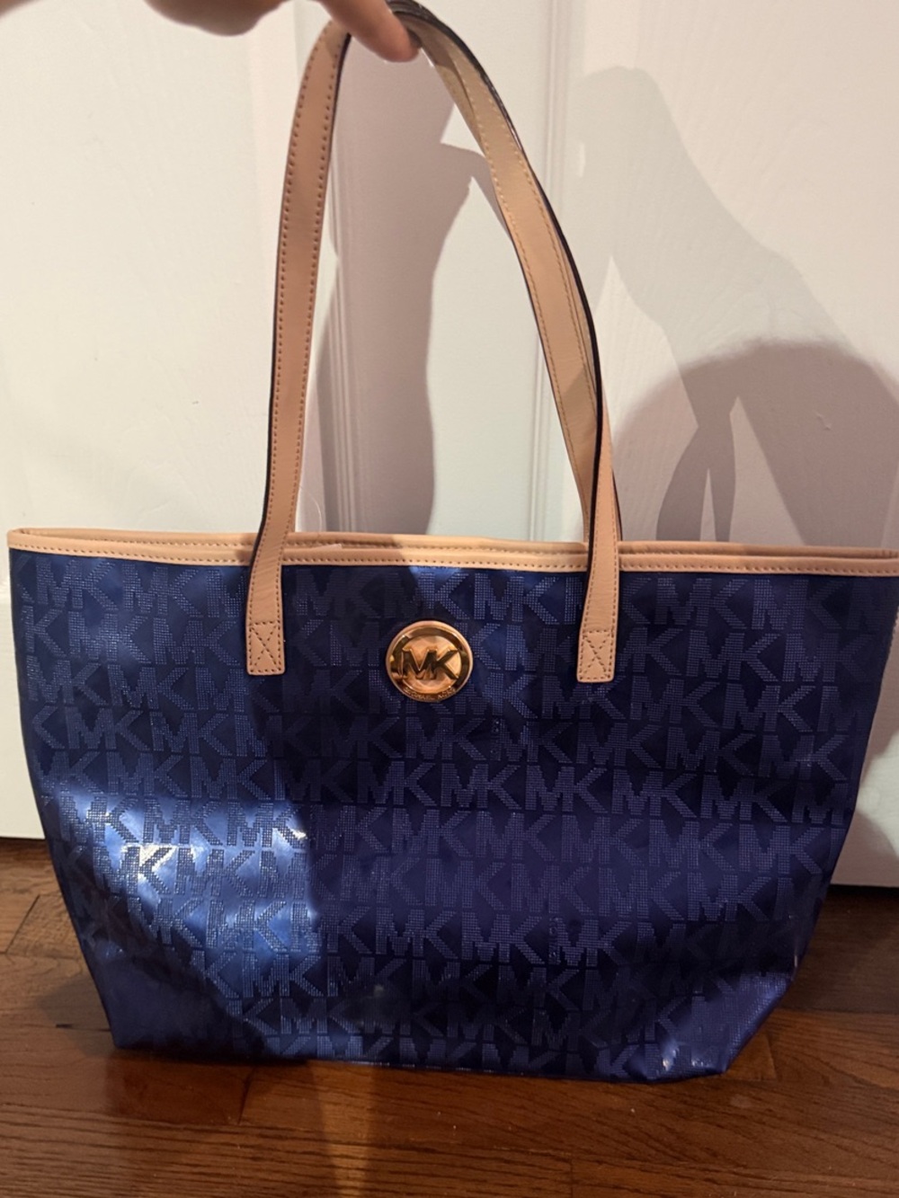 Michael Kors Navy MK Signature Tote with Tan Trim